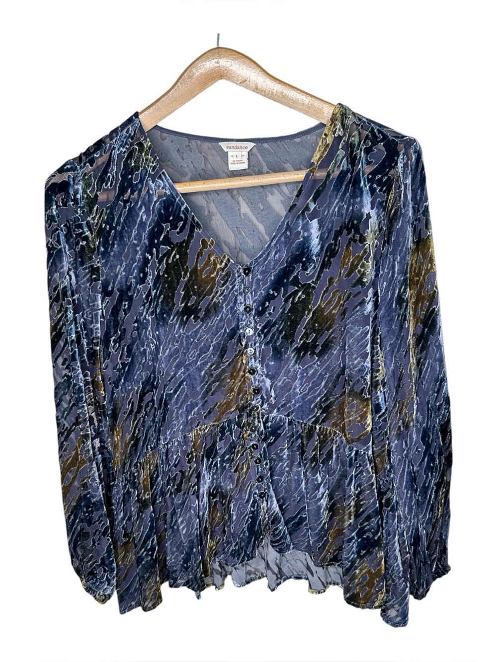 Sundance Silk Blend Velvet Burnout Top Peplum Hem Size Large Button Front